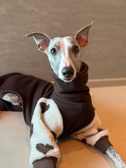 Whippet Fleece Jumpsuit Dark Brown Hearts